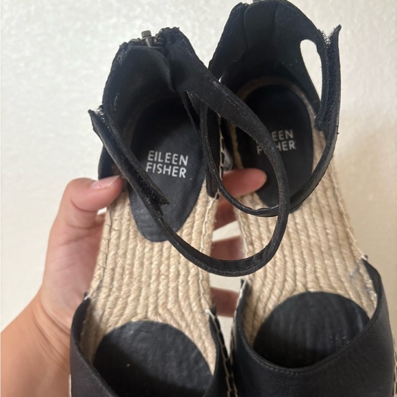 Eileen Fisher Lala Tumbled Leather Espadrille Flat Black Size 7.5 - Picture 3 of 5